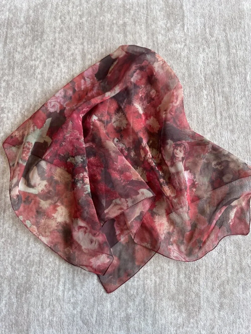 Vintage Mademoiselle Sheer Brown Orange Faces Square Women's Fashion Scarf